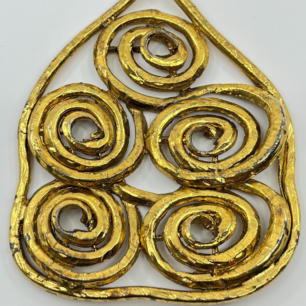 Vintage Gold Tone Wire Swirl Bell Pendant Double Link Chain Necklace Runway Boho - Picture 7 of 10